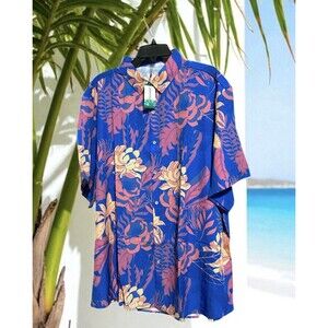 Men's 3XL Hawaiian Button Front Shirt Blue Mauve Peach Cruise Vacation Floral